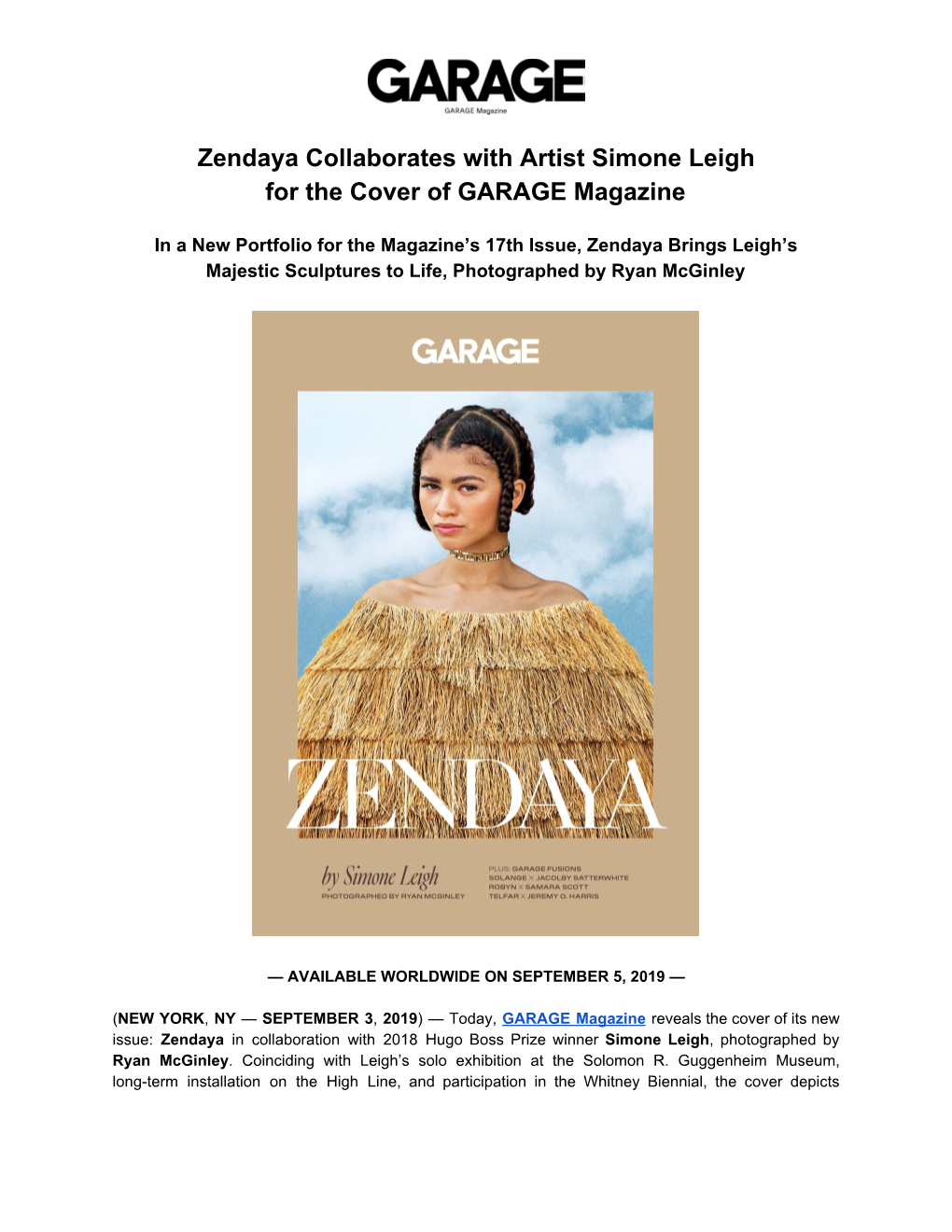 Zendaya Collaborates with Artist Simone Leigh for the Cover of GARAGE Magazine