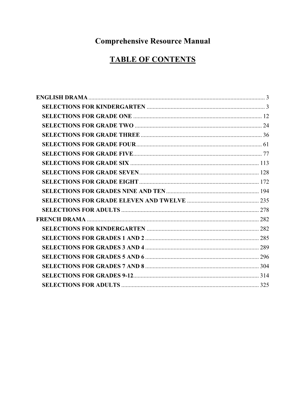 Comprehensive Resource Manual TABLE of CONTENTS