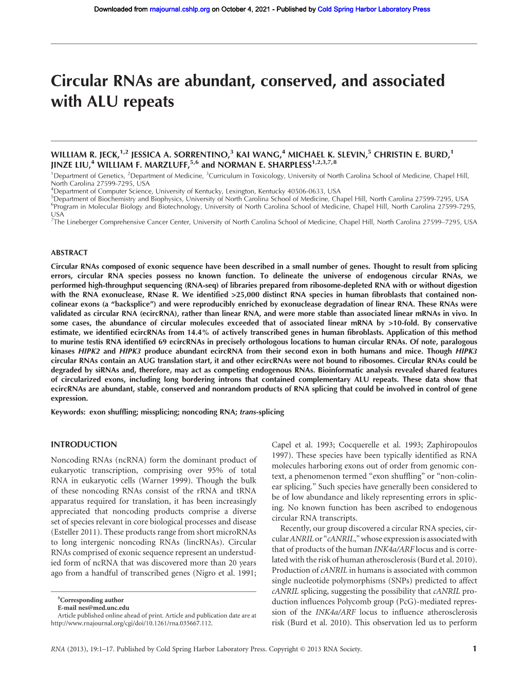 Circular Rnas Are Abundant, Conserved, and Associated with ALU Repeats