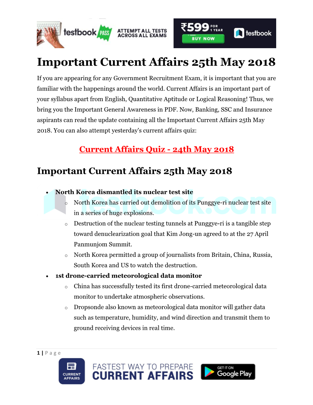 Important Current Affairs 25Th May 2018