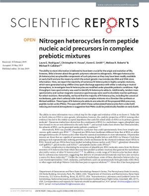 Nitrogen Heterocycles Form Peptide Nucleic Acid Precursors in Complex Prebiotic Mixtures Received: 18 February 2019 Laura E