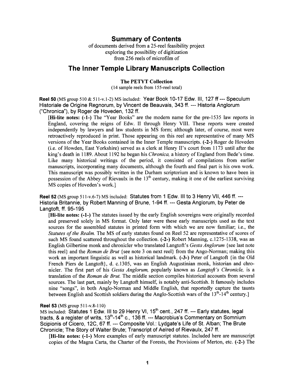 Summary of Contents the Inner Temple Library Manuscripts Collection