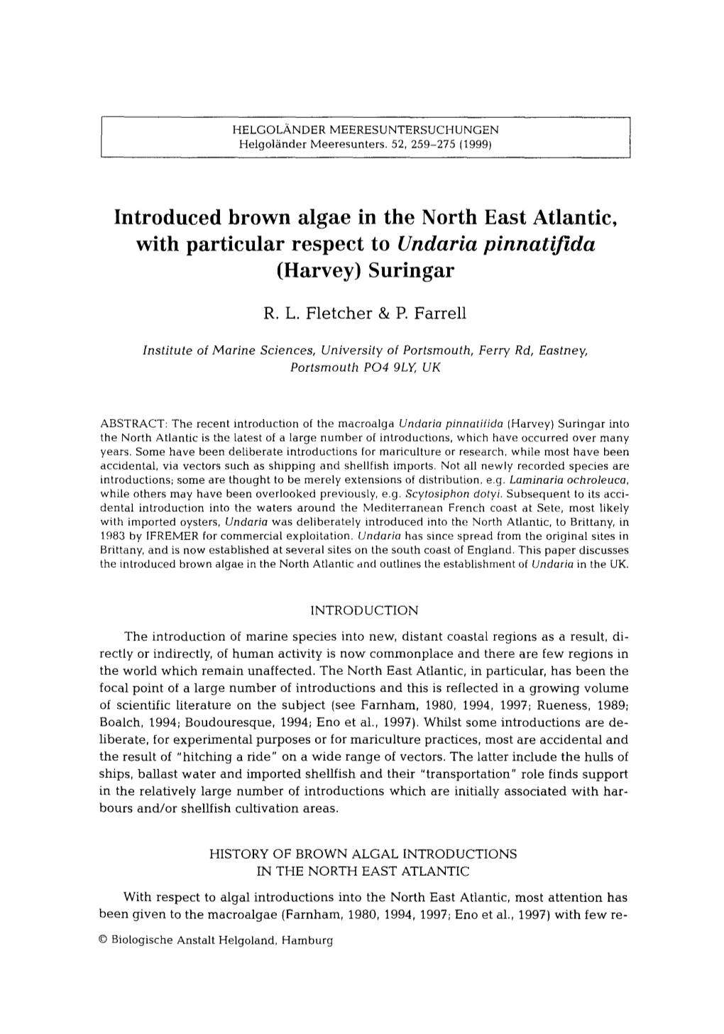 Introduced Brown Algae in the North East Atlantic, with Particular Respect to Undaria Pinnatifida (Harvey) Suringar