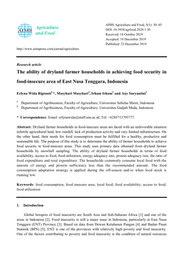 The Ability of Dryland Farmer Households in Achieving Food Security in Food-Insecure Area of East Nusa Tenggara, Indonesia