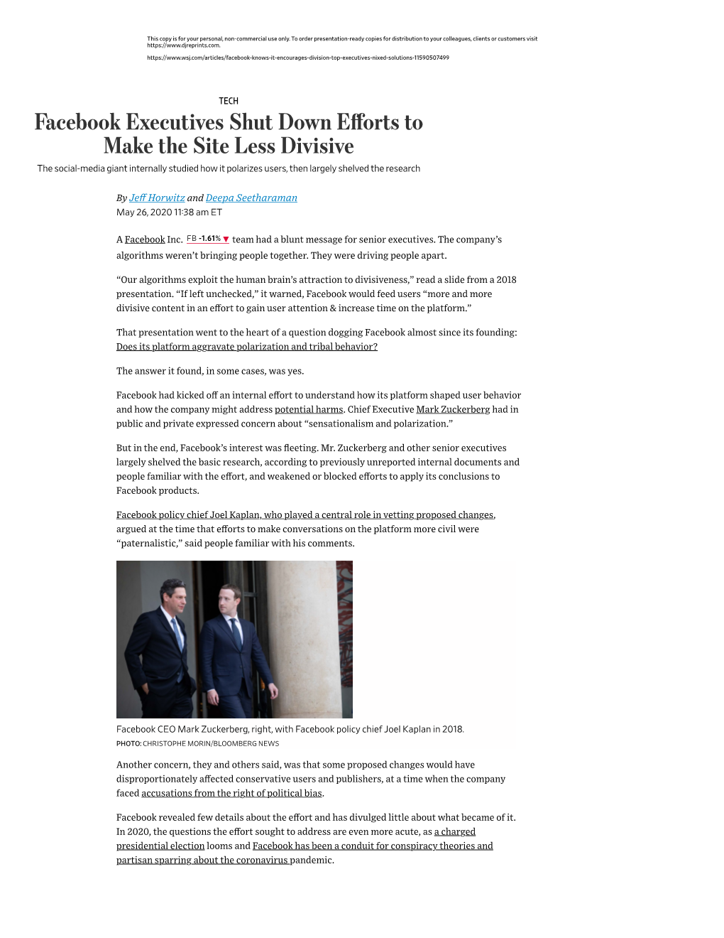Facebook Executives Shut Down Efforts to Make the Site Less Divisive