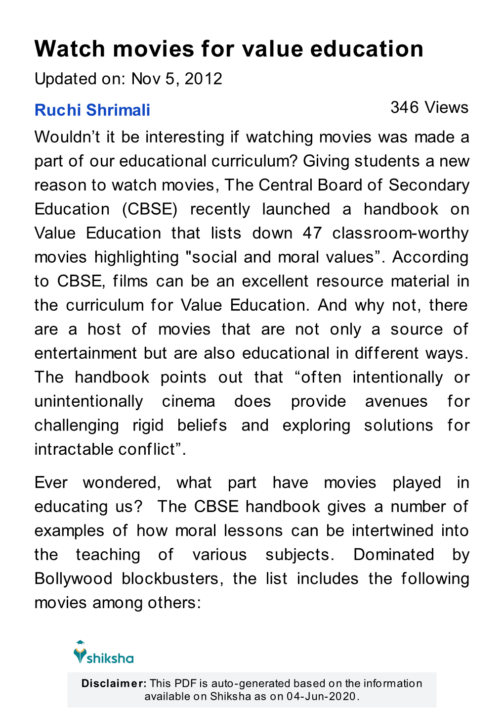 Watch Movies for Value Education, CBSE Handbook | Shiksha.Com