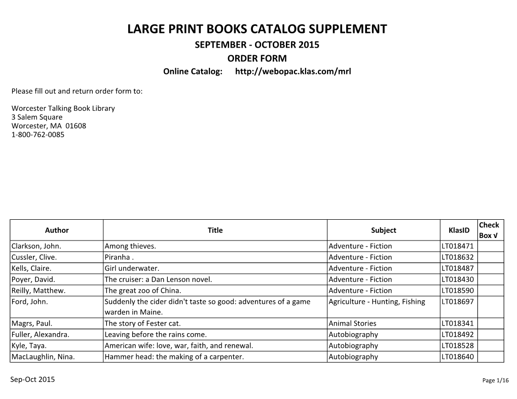 LARGE PRINT BOOKS CATALOG SUPPLEMENT SEPTEMBER - OCTOBER 2015 ORDER FORM Online Catalog