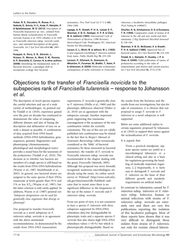 Objections to the Transfer of Francisella Novicida to the Subspecies Rank of Francisella Tularensis – Response to Johansson Et Al