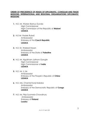 Order of Precedence of Heads of Diplomatic, Consular and Trade Missions, International and Regional Organisations Diplomatic Missions