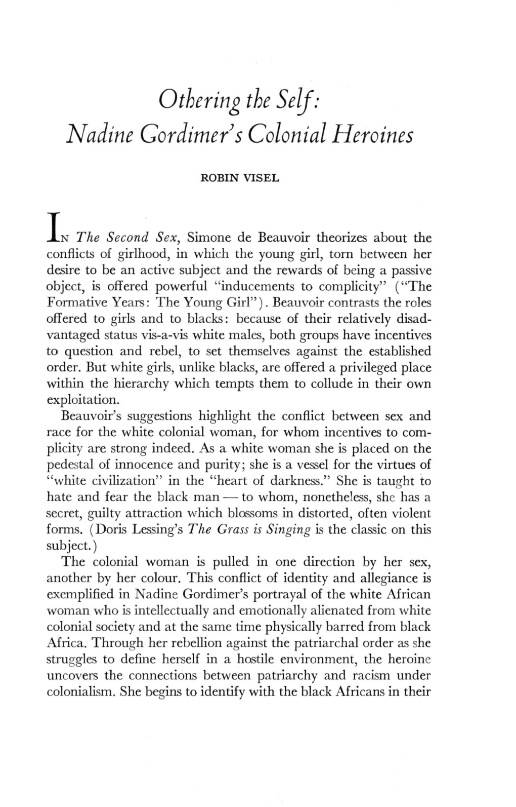 Othering the Self: Nadine Gordimer S Colonial Heroines