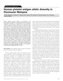 Human Platelet Antigen Allelic Diversity in Peninsular Malaysia
