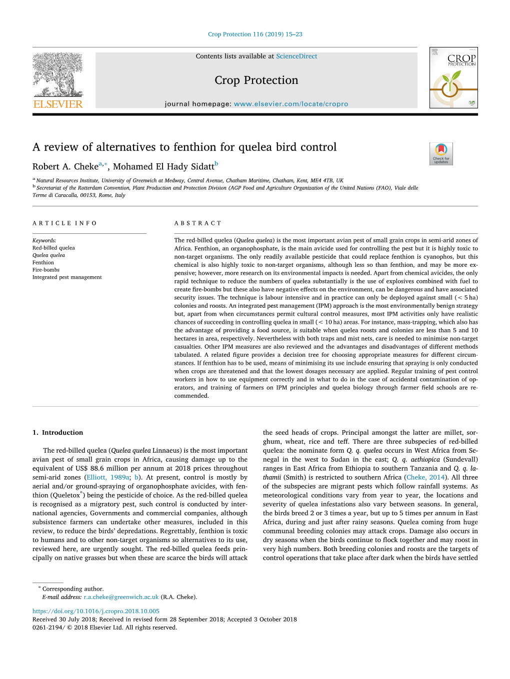 A Review of Alternatives to Fenthion for Quelea Bird Control T ∗ Robert A