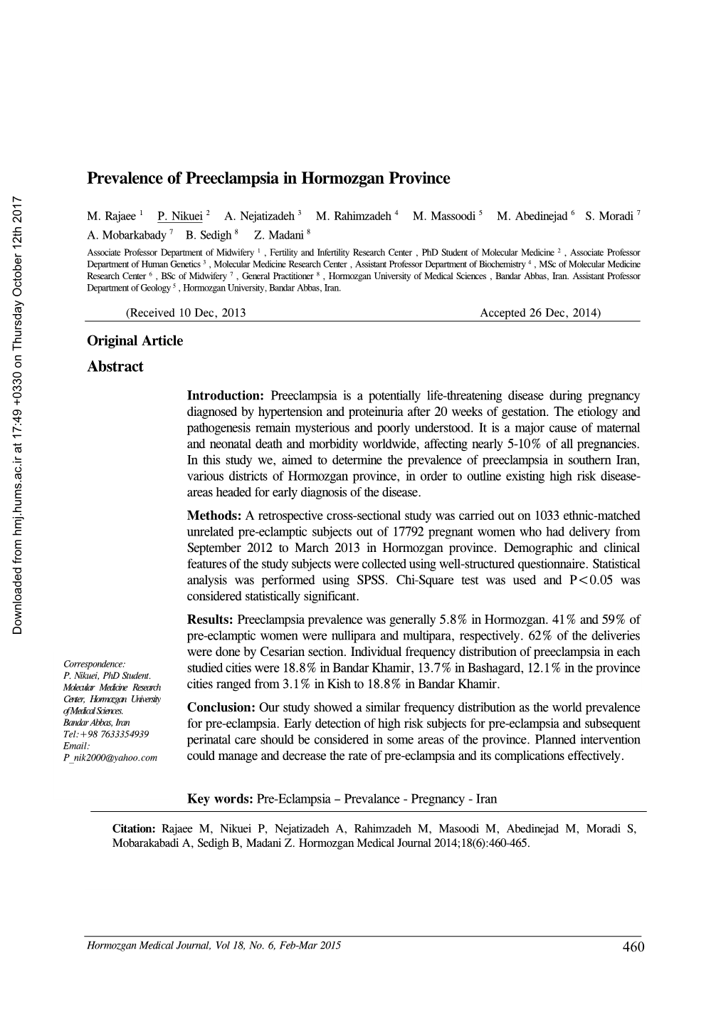 Prevalence of Preeclampsia in Hormozgan Province
