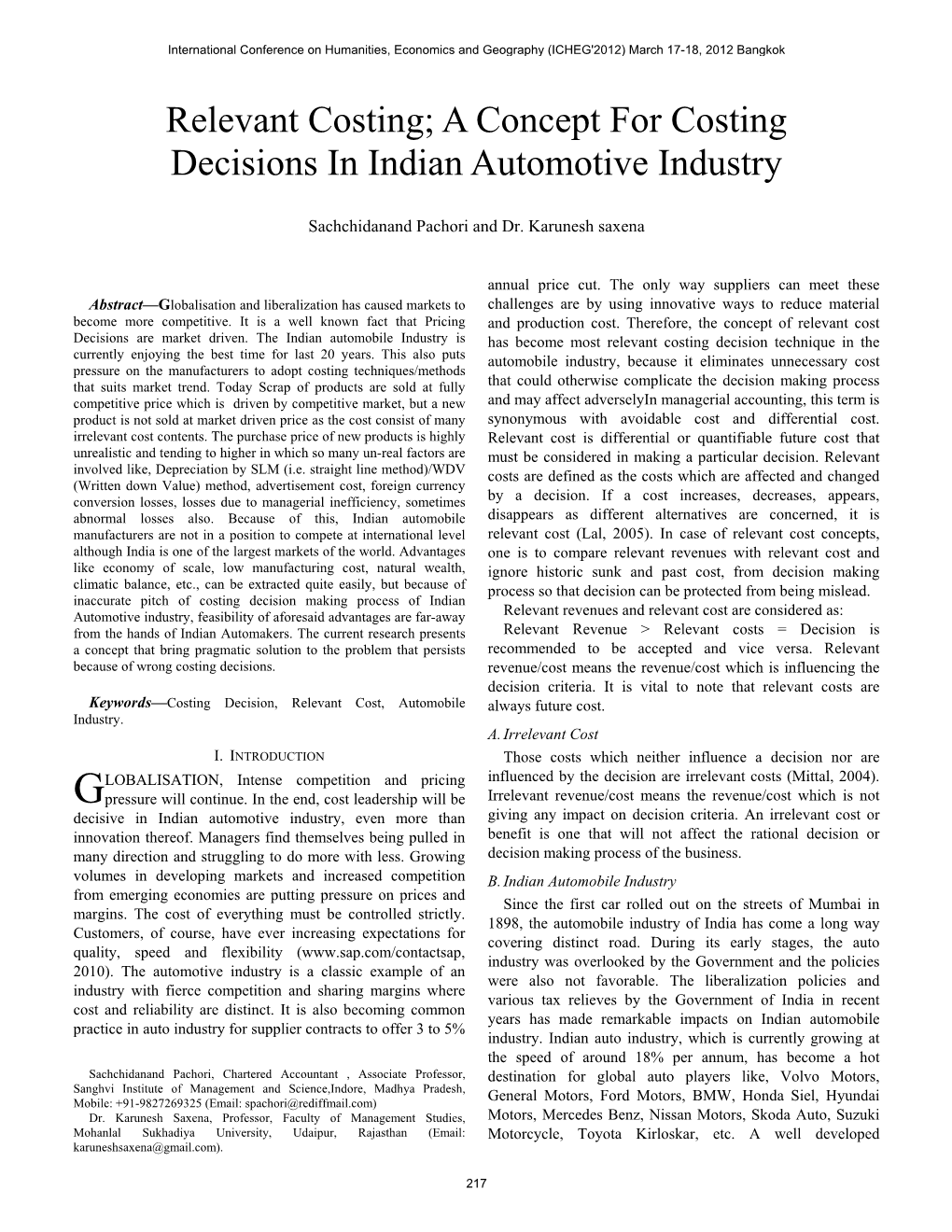 A Concept for Costing Decisions in Indian Automotive Industry