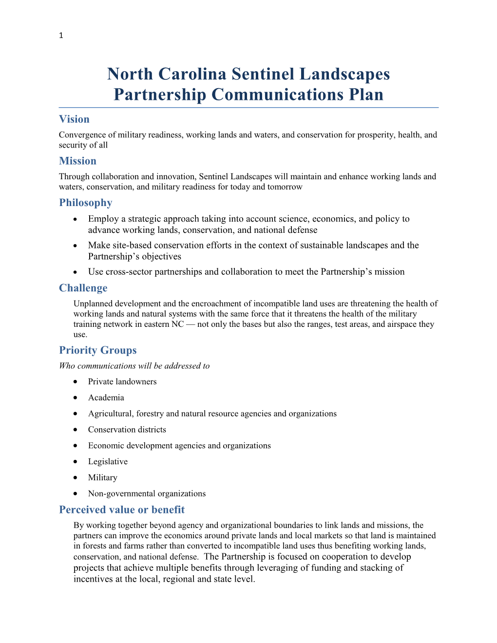 North Carolina Sentinel Landscapes Partnership Communications Plan