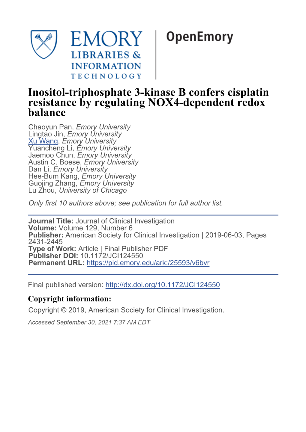 Inositol-Triphosphate 3-Kinase B Confers Cisplatin Resistance By