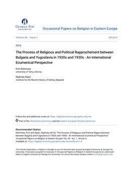 The Process of Religious and Political Rapprochement Between Bulgaria and Yugoslavia in 1920S and 1930S - an International Ecumenical Perspective