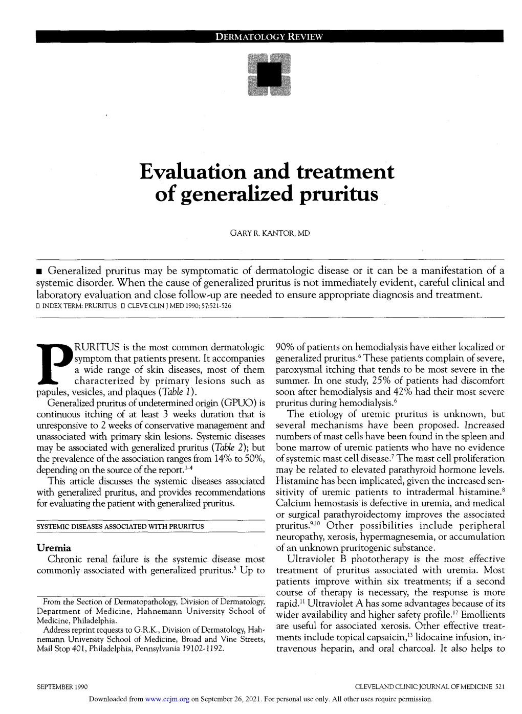 Evaluation and Treatment of Generalized Pruritus