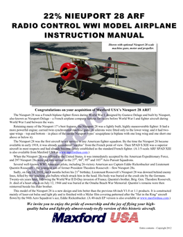 22% Nieuport 28 Arf Radio Control Wwi Model Airplane Instruction Manual