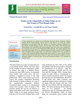 Studies on the Adaptability of Tulip (Tulipa Sp.) in Sub-Tropics of West Bengal, India