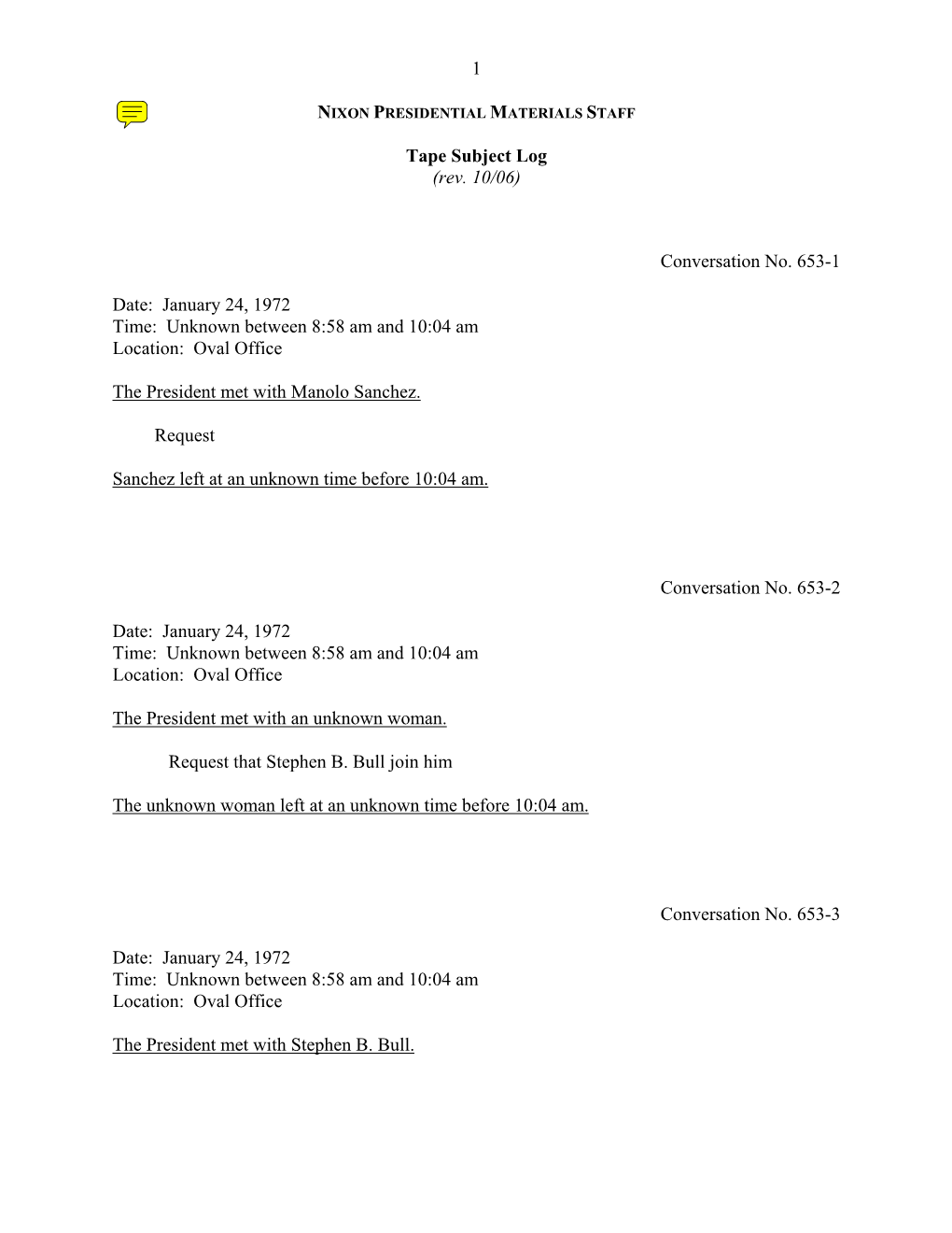 Oval #653: January 24, 1972 [Complete Tape Subject Log]