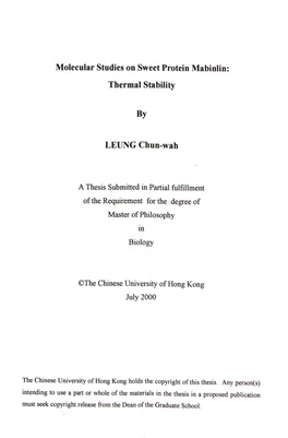 Molecular Studies on Sweet Protein Mabinlin;