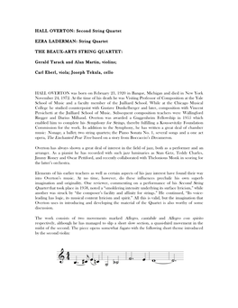 HALL OVERTON: Second String Quartet EZRA LADERMAN