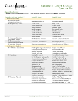 Squamate (Lizard & Snake) Species List