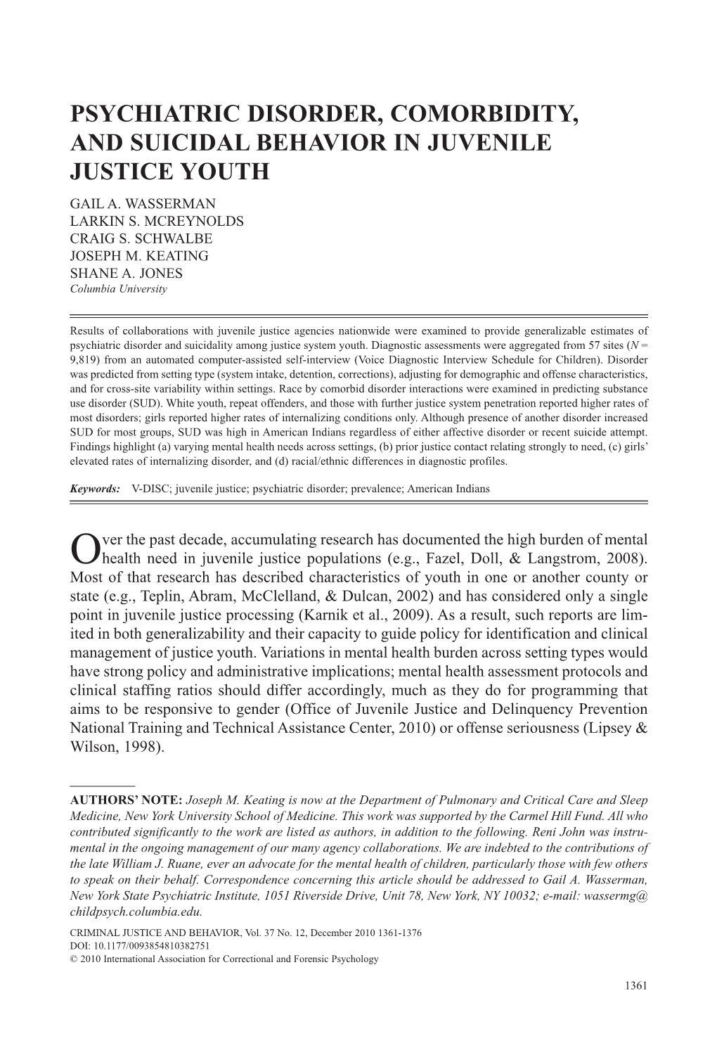 Psychiatric Disorder, Comorbidity, and Suicidal Behavior in Juvenile Justice Youth Gail A