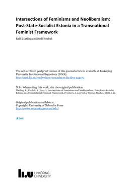 Intersections of Feminisms and Neoliberalism: Post-State-Socialist Estonia in a Transnational Feminist Framework