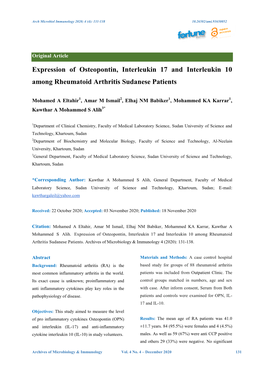 Expression of Osteopontin, Interleukin 17 and Interleukin 10 Among Rheumatoid Arthritis Sudanese Patients
