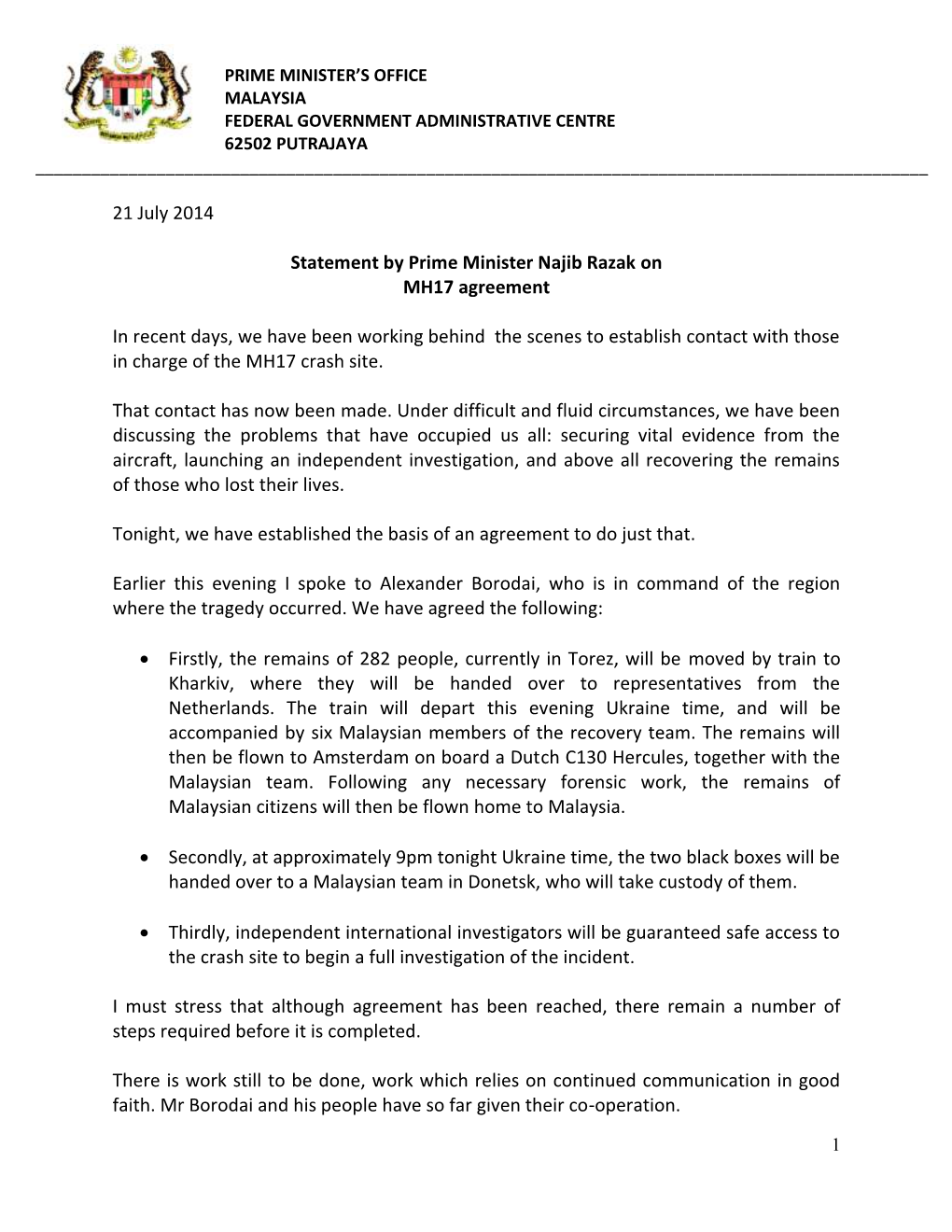 Prime Minister Najib Razak Statement on MH17 Agreement on 21 July 2014