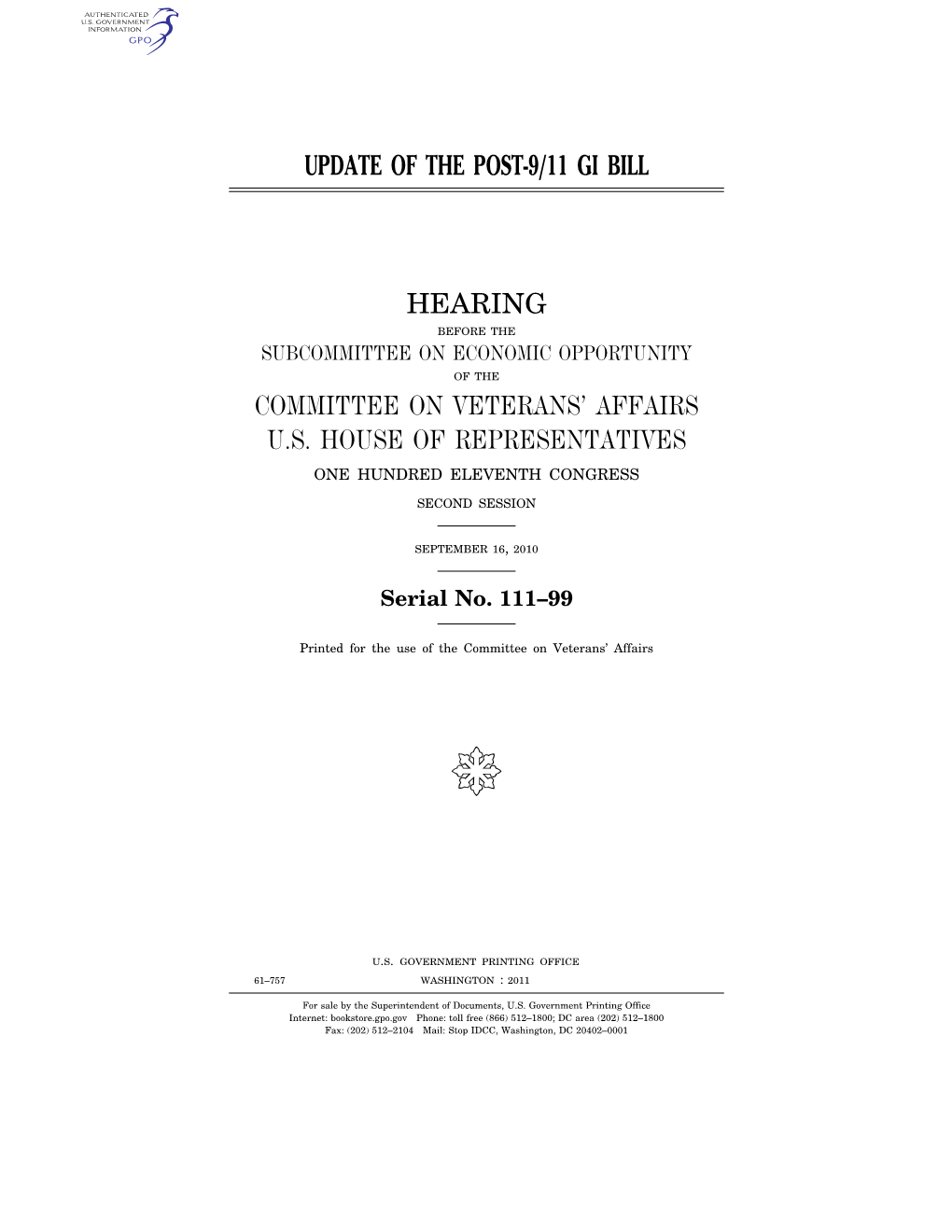 Update of the Post-9/11 Gi Bill Hearing Committee On