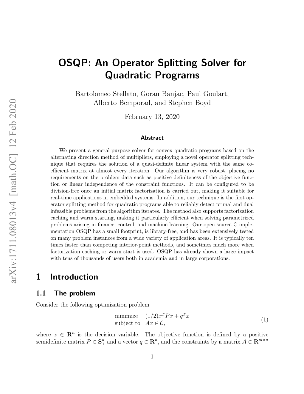 OSQP: an Operator Splitting Solver for Quadratic Programs