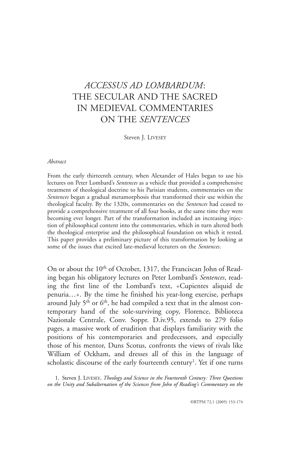 Accessus Ad Lombardum: the Secular and the Sacred in Medieval Commentaries on the Sentences