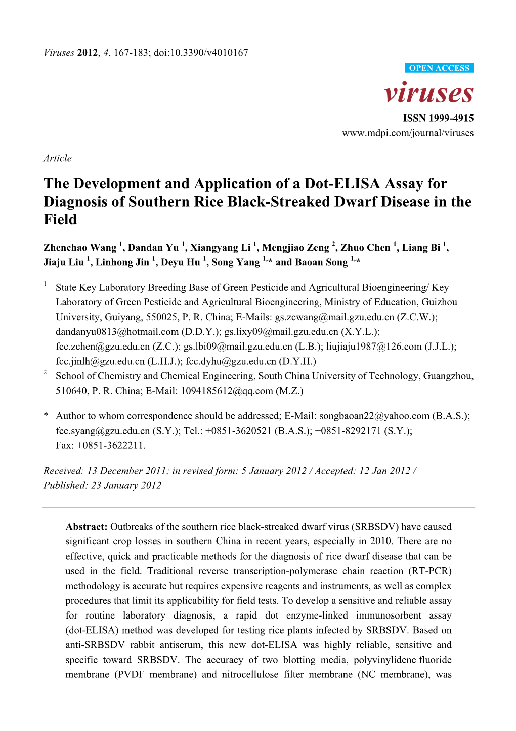 The Development and Application of a Dot-ELISA Assay for Diagnosis of Southern Rice Black-Streaked Dwarf Disease in the Field