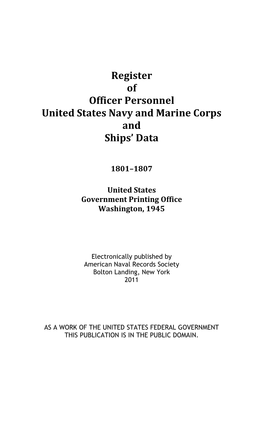 Barbary Wars: Register of Officer Personnel and Ships' Data
