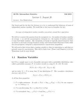 Lecture 1: August 26 1.1 Random Variables