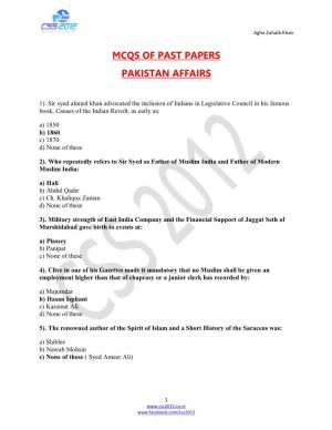 Mcqs of Past Papers Pakistan Affairs