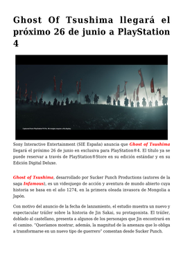 Ghost of Tsushima Llegará El Próximo 26 De Junio a Playstation 4