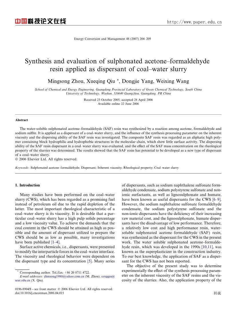 Synthesis and Evaluation of Sulphonated Acetone–Formaldehyde Resin Applied As Dispersant of Coal–Water Slurry