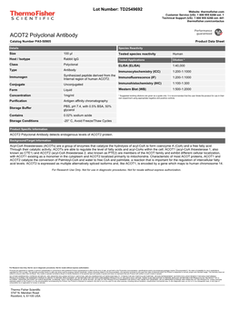 ACOT2 Polyclonal Antibody Catalog Number PA5-50905 Product Data Sheet