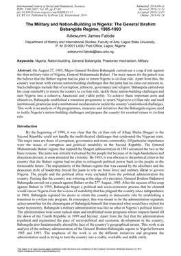 The General Ibrahim Babangida Regime, 1985-1993 Adewunmi James Falode Department of History and International Studies, Faculty of Arts, Lagos State University, P