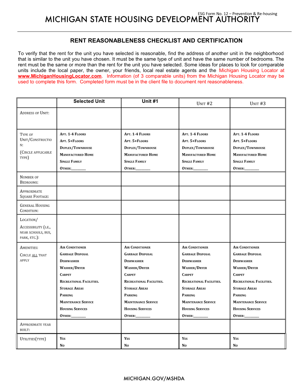 Rent Reasonableness Checklist and Certification