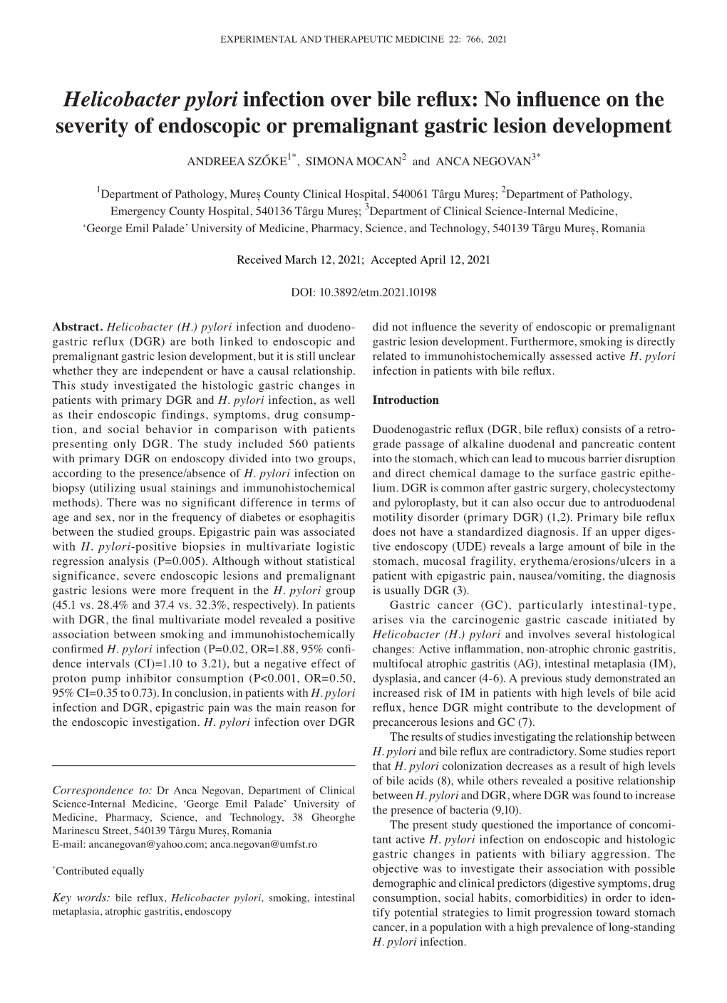 Helicobacter Pylori Infection Over Bile Reflux: No Influence on the Severity of Endoscopic Or Premalignant Gastric Lesion Development