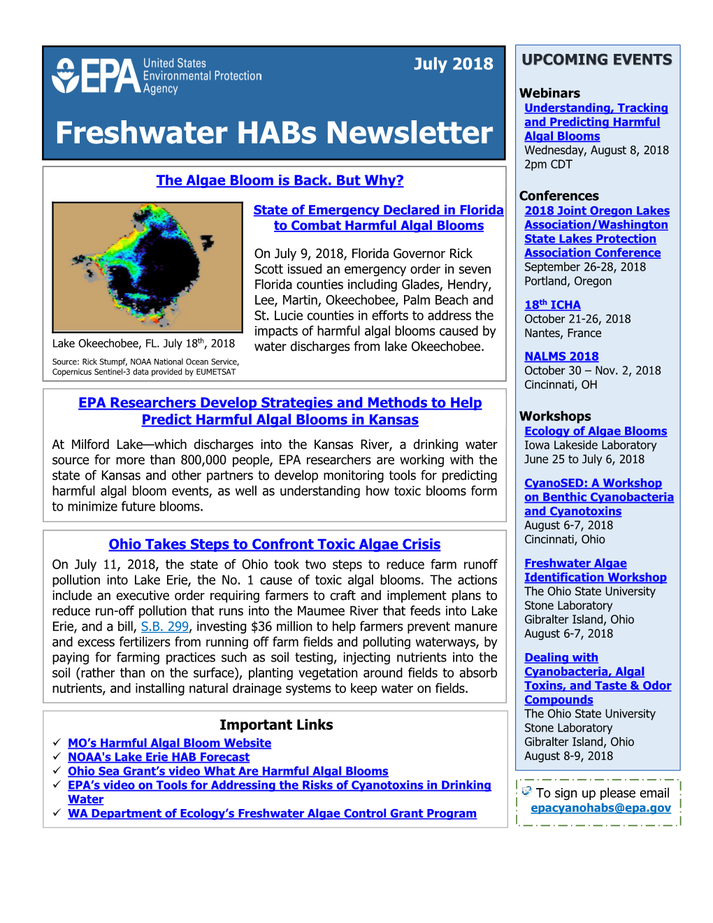 Freshwater Habs Newsletter Wednesday, August 8, 2018 2Pm CDT the Algae Bloom Is Back