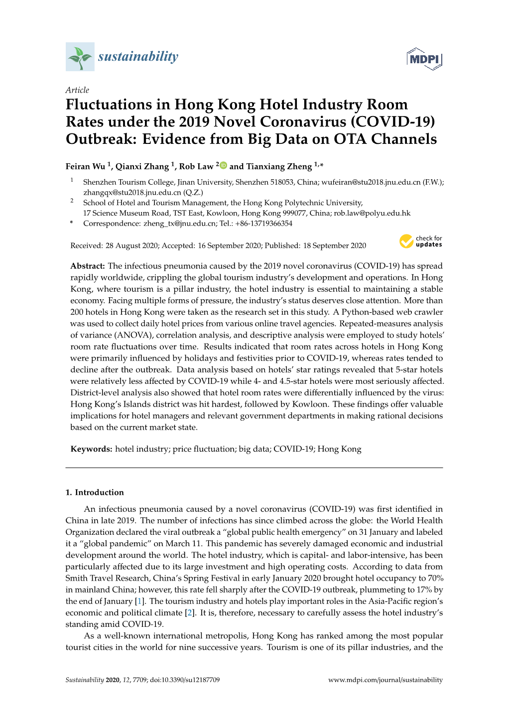 Fluctuations in Hong Kong Hotel Industry Room Rates Under the 2019 Novel Coronavirus (COVID-19) Outbreak: Evidence from Big Data on OTA Channels