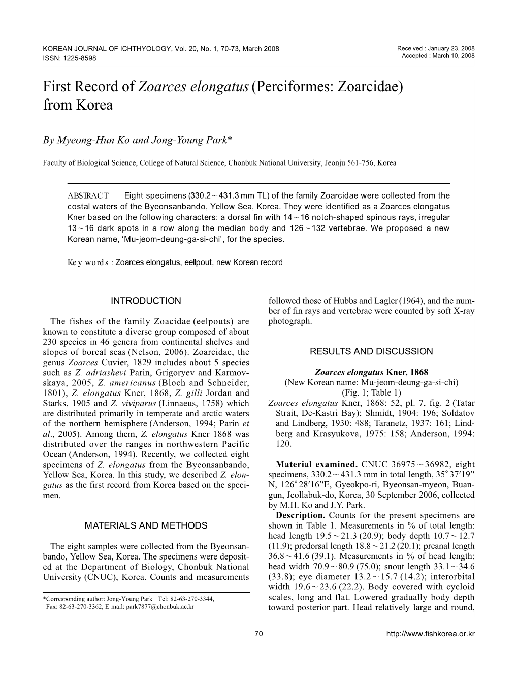 First Record of Zoarces Elongatus (Perciformes: Zoarcidae) from Korea