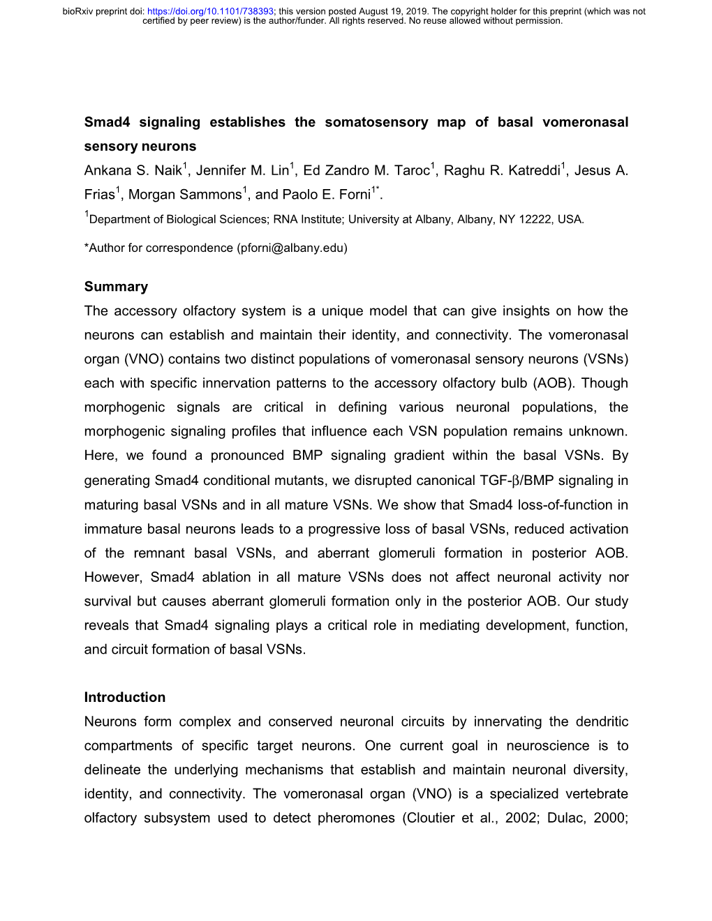 Smad4 Signaling Establishes the Somatosensory Map of Basal Vomeronasal Sensory Neurons Ankana S