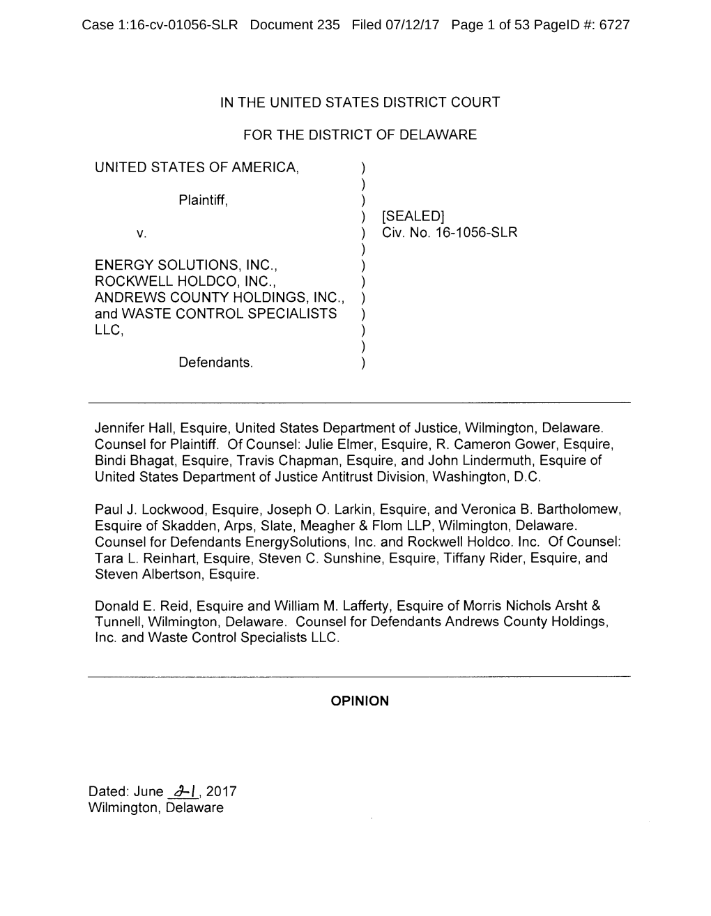 Case 1:16-Cv-01056-SLR Document 235 Filed 07/12/17 Page 1 of 53 Pageid #: 6727